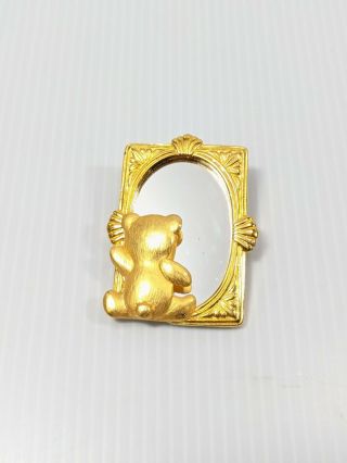 Vintage Jj Gold Tone Teddy Bear Mirror Picture Frame Pin Brooch