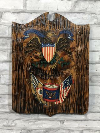 Us American Eagle Flag Drum Plaque Handcrafted Wood Carved Veteran Gift Vtg Euc