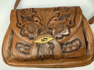 Sfe Vtg Corvi Mexico Tooled Leather Floral Mayan Aztec Design Purse Handbag