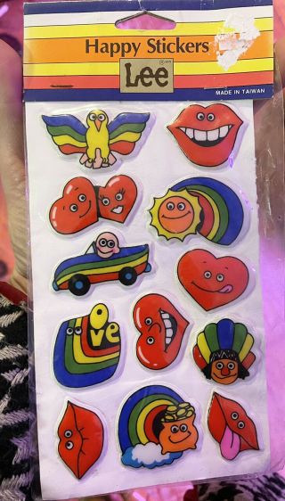 Vintage Lee Happy Stickers Puffy Rainbow Hearts Lips 1980’s Made In Taiwan
