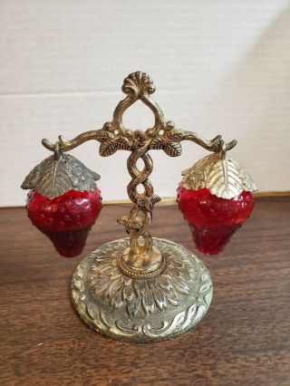 Vintage Hanging Strawberry Salt & Pepper Shakers Japan Glass & Metal