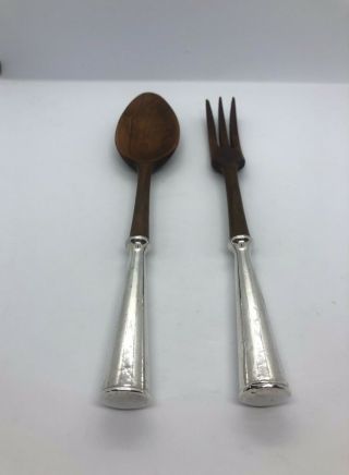 Vintage Wood And Sterling Silver Handle Salad Servers Fork And Spoon