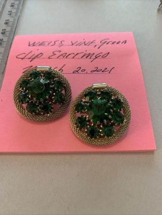 Vintage Signed Weiss Gold Tone Clip - On Earrings Pink Blue Green Rhinestones