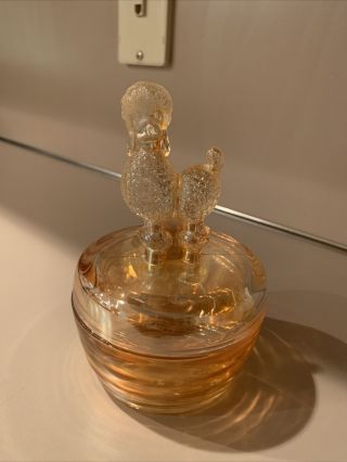 Vintage Jeanette Marigold Poodle Glass Powder Jar Iridescenr Orange