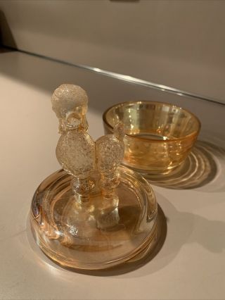 Vintage Jeanette Marigold Poodle Glass Powder Jar Iridescenr Orange 2