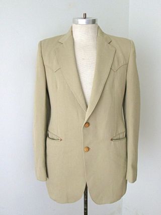 Vtg 70s Beige Poly Knit Western Blazer Jacket Pimp Sportcoat 38l