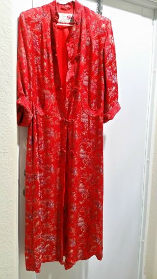 Vintage Peony Shanghai China Red Satin Kimono Robe Long Dress Size 36