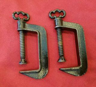 2 Vintage Antique 2 1/2 " C - Clamps Small Ornate Thumb Screw - Gw