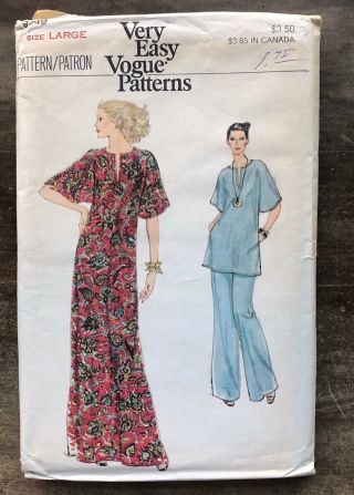 Vintage Very Easy Vogue Pattern 9949 Caftan Dress,  Top,  Pants Size Large