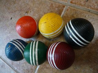 Complete Set Of (6) Wood Vintage Croquet Balls 3 Striped & Ribbed 3 " Wooden