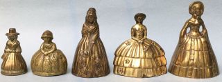 5 Vtg Metal Bronze Brass Lady Bells W/ Clappers Crinoline / Welsh Etc 1 W/ Legs