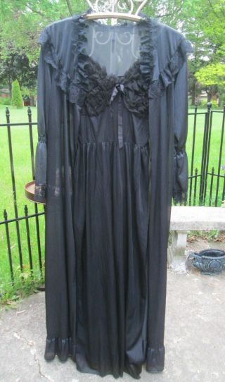 Vintage Addison Black Nylon Nightgown Long Chiffon Ruffle Bust 34 W Peignoir S - M