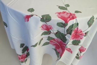 Vintage Rect California Hand Print Tablecloth Pink Hibiscus Floral 52x46 