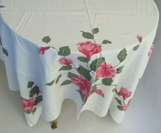 Vintage Rect California Hand Print Tablecloth Pink Hibiscus Floral 52x46 