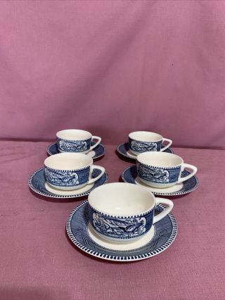Vintage 5 Currier And Ives Coffee Cups Saucers Royal China Blue H