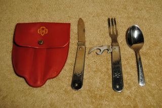 Vintage Girl Scout Chow Kit Knife Spoon Fork With Case Boker Mess Kit