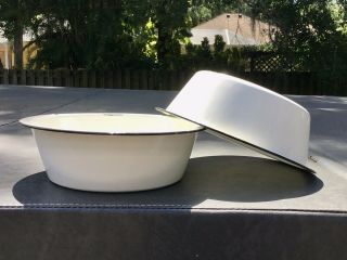 2 Vintage White Enamel Porcelain Wash Bowl Basin W Black Metal 10” Farmhouse