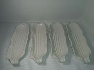 4 Vintage Signature Japan White Ceramic Corn On The Cob Dishes Holders Trays