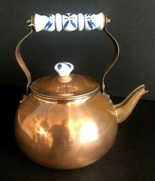 Vintage Copper Tea Pot With Folding Ceramic Handle