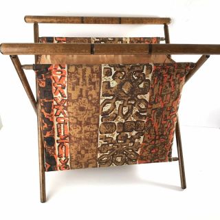 Vtg Knitting Sewing Caddy Basket Yarn Bag Folding Wood Frame Brown Orange