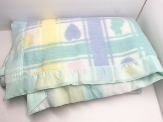 Vintage Blue Pink Yellow Acrylic Baby Blanket Nylon Trim 44” X 36” Usa