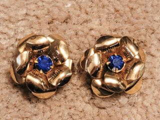 Vintage Coro Signed Blue Rhinestone Gold Tone Flower Power Screw Back Earrings
