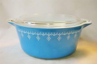 Vintage Pyrex Blue Snowflake Garland 2 1/2 Quart Casserole Dish 475 B & Lid