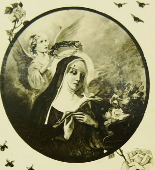 Saint St Rita Black And White Vintage French Holy Prayer Card Angel Roses