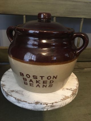 Vintage Monmouth Brown Drip Boston Baked Beans Crock Pot Monmouth 2.  5 " Qt