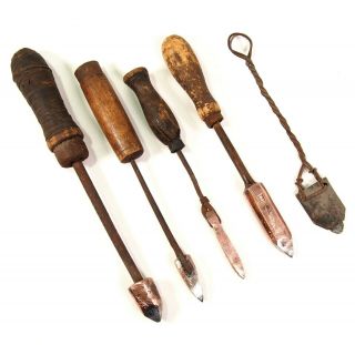 5 Antique Primitive Soldering Irons Wooden Handles Vintage Electric Materials 2