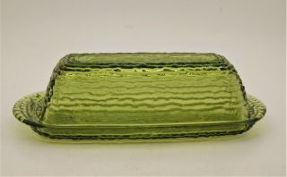 Vintage Anchor Hocking Green Tree Bark Glass Butter Dish With Cover