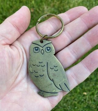 Vintage Wise Old Owl Bird Key Chain Brass Keychain Fob W/ Ring