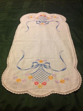 Vintage 33 " X17 " Hand Embroidered Dresser Scarf Table Runner Multi Color Flowers