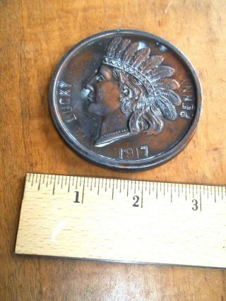 1917 Lucky Indian Head Penny Niagara Falls Souvenir Oversized 3 " Bronze Vintage