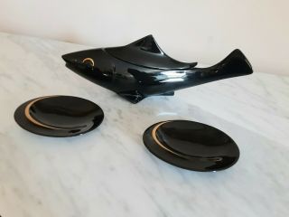 Vintage Mid Century Black Shark With Matching Accent Dishes Black & Gold