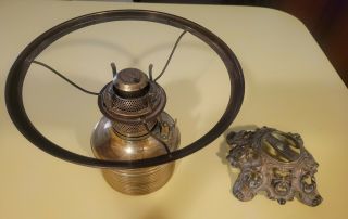 Antique Gwtw Brass Oil Tank W/ Burner Fostoria Flame Spreader 10 " Shade Ring