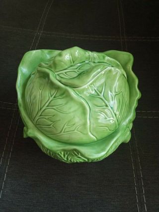 @vintage Holland Mold Ceramic Cabbage Lettuce Serving Dish With Lid Green Leaves