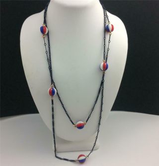 Vintage Patriotic Red,  White,  Blue Acrylic Bead Enamel Chain Necklace 54 " L.