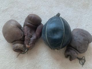 Vintage Leather Boxing Gloves & Leather Speed Bag