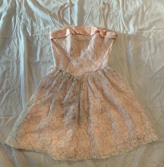Vintage Pink Satin,  White Lace Fit - And - Flare Bustier Mini Dress Xs Cottagecore