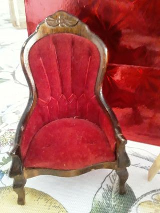 Vintage 1:12 Dollhouse Miniature Parlor Chair Mahogany And Dk.  Red Velvet