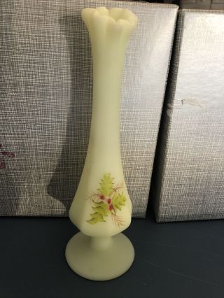 Vintage Fenton Custard Glass Bud Vase 7 3/4 " Holly Hand Painted By S.  Webster