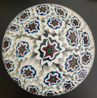 Vintage Glass Millefiori Paperweight Red White & Blue Labeled