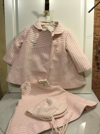 Vintage Baby Dress Tiny Tots 3 Piece Coat Hat Dress Pink Striped 12month?