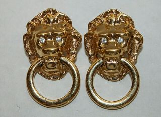 Vintage Kjl Kenneth Jay Lane For Avon Lions Head Ring Rhinestone Eye Earrings