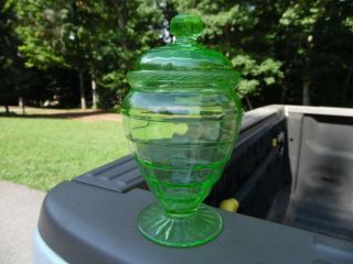 Vintage Hocking Block Optic Green Depression Uranium Glass Lidded Candy Jar