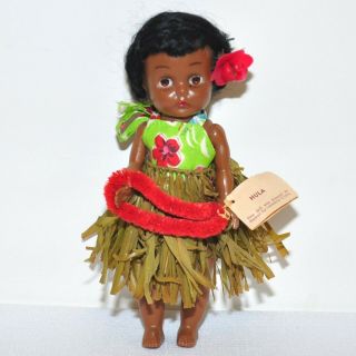Vintage Hawaiian Hula Girl Doll By Lanakila Hula Skirt Lei Flower Dark Skin 7 In
