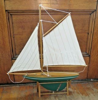Vtg Collector Handcrafted Wood Model Ship Sailboat Boat 22”l X 24”h X 3.  5 " Stand