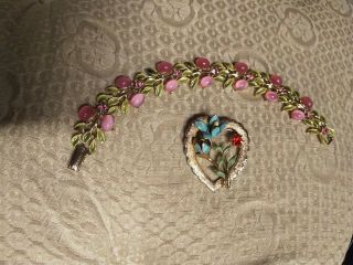 Vintage Coro Pink Green Bracelet Gold Tone Brooch