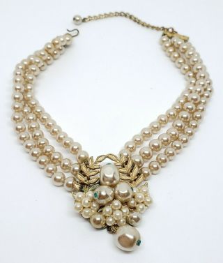 Vintage Art Deco Glass Faux Pearl Triple Strand Laurel Leaf Pendant Necklace